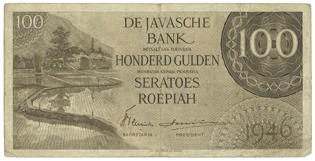 Indonesia. 100 Gulden. Banknote. Type 1946. - Very fine -.