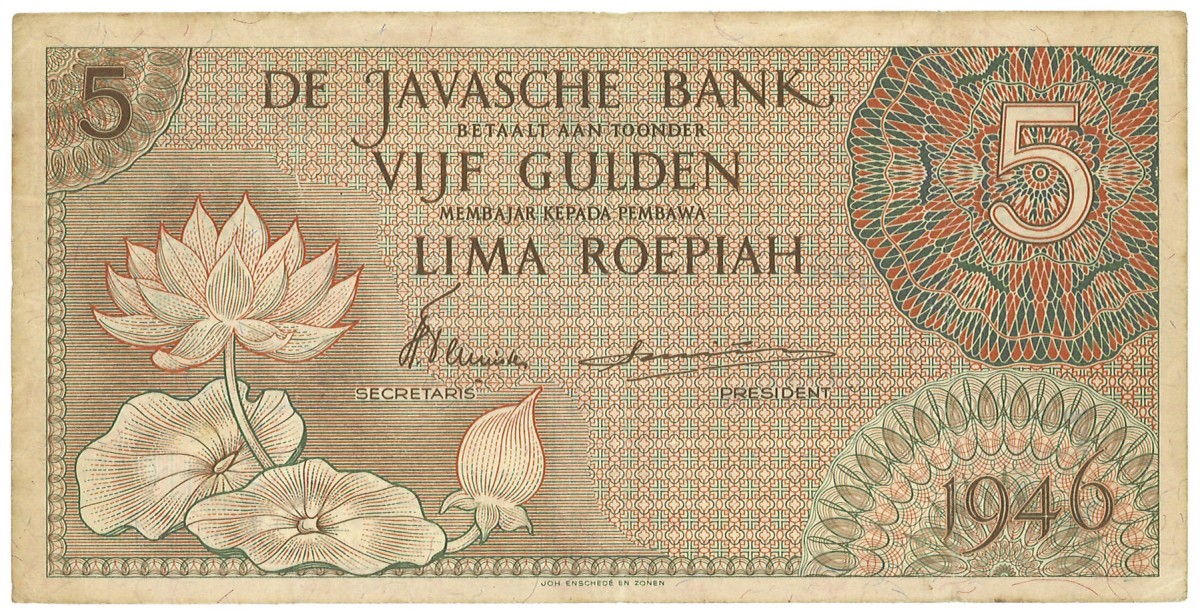 Netherlands-Indies. 5 Gulden. Banknote. Type 1946. - Very fine.