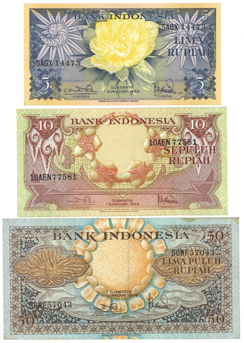 Netherlands-Indies. 5/10/50 Rupiah. Banknotes. Type 1959. - Very fine – UNC.