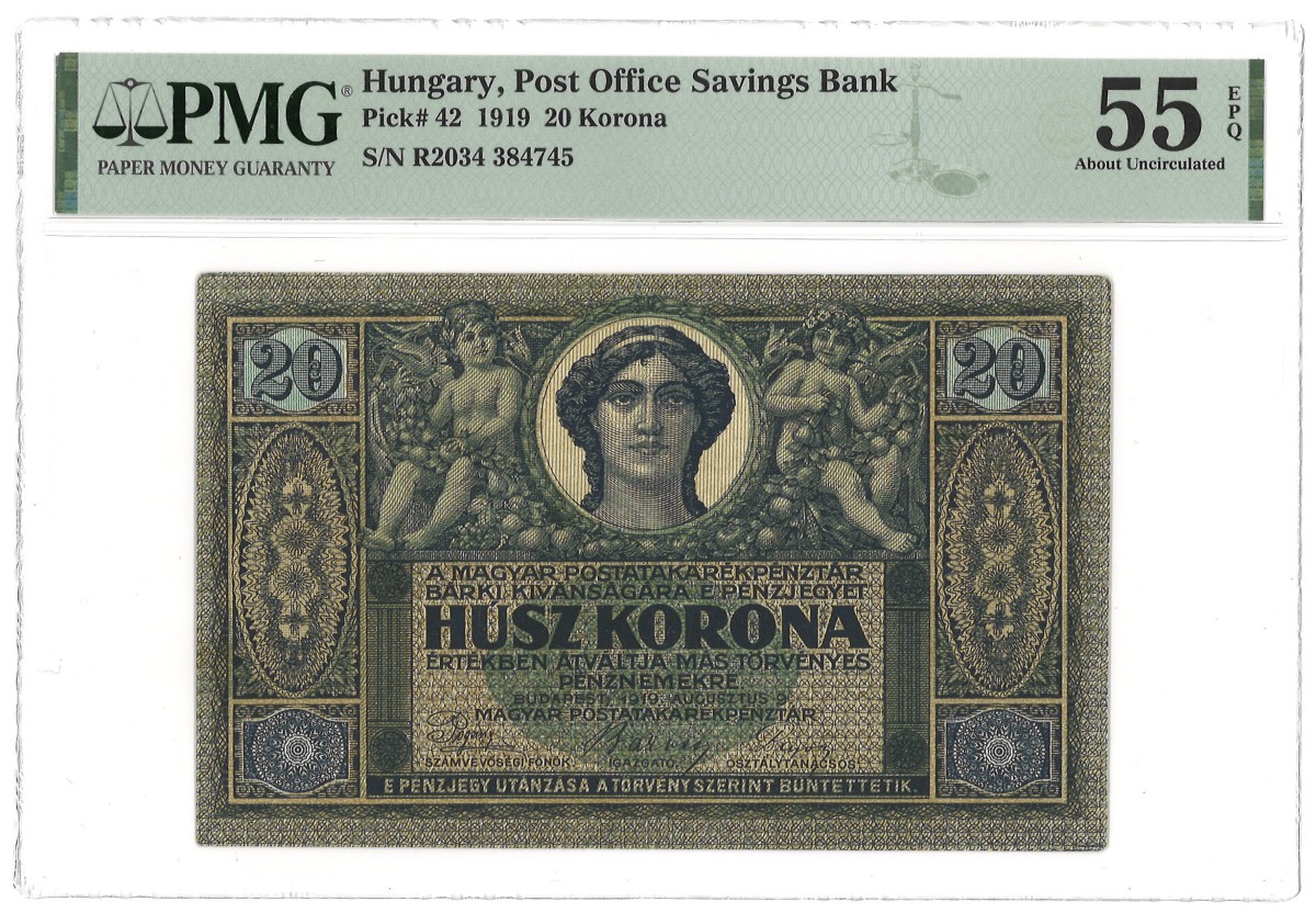 Hungary. 20 Korona. Banknote. Type 1919. - PMG 55EPQ.