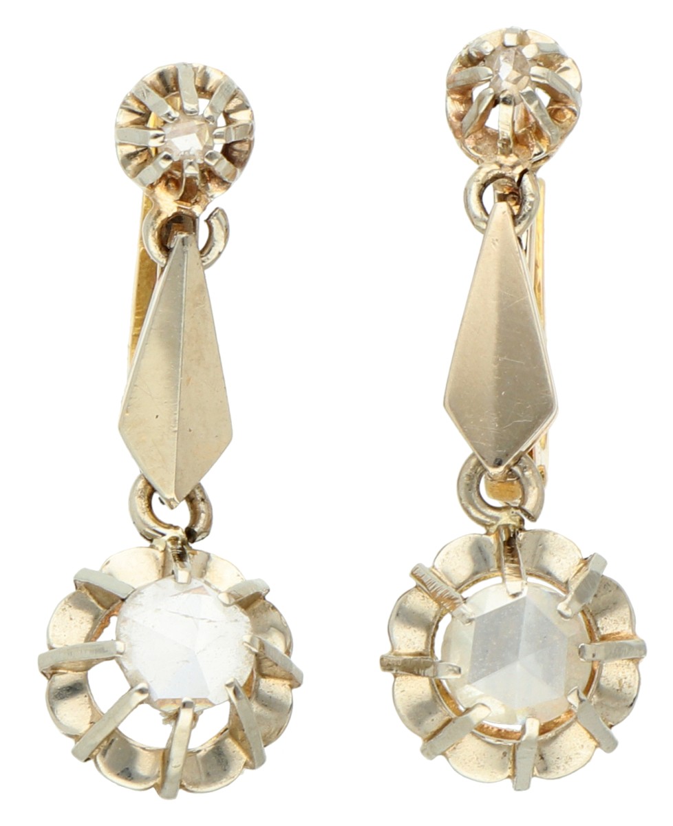 No Reserve - 18K Bicolor gouden antieke dormeuse oorbellen bezet met roos geslepen diamanten in spiegelchatons.