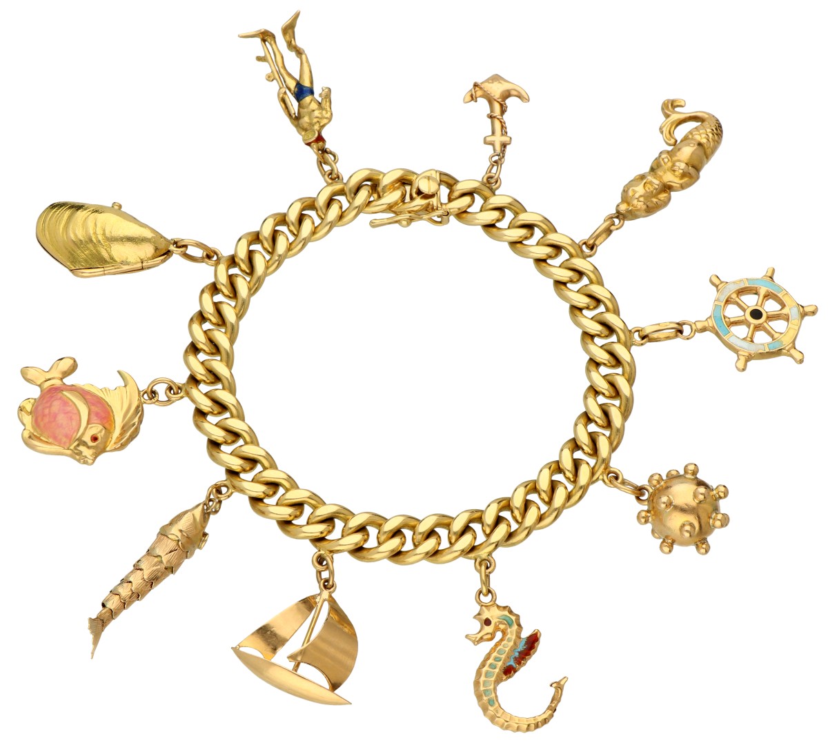 18K Geelgouden maritieme gourmet bedelarmband met tien bedels.