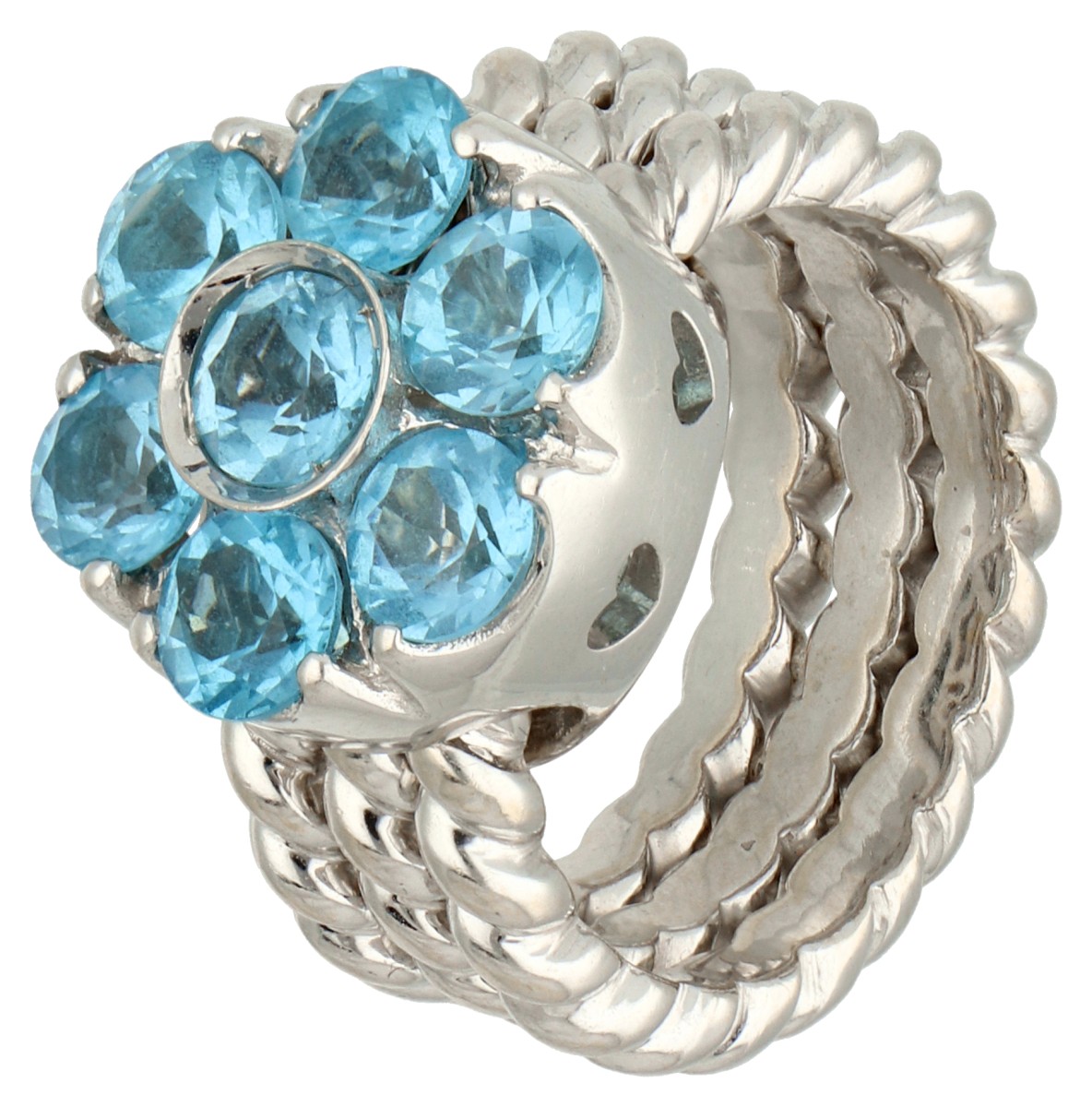 Pasquale Bruni 18K witgouden ring met vrij bewegende bloem bezet met ca. 3.50 ct. blauwe topaas.