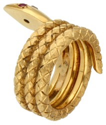 14K Geelgouden vintage slangenring bezet met diamant en synthetisch robijn.