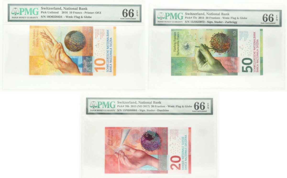 Switzerland. 10/20/50 Francs. Banknotes. Type 2015-2017. - PMG 66EPQ.