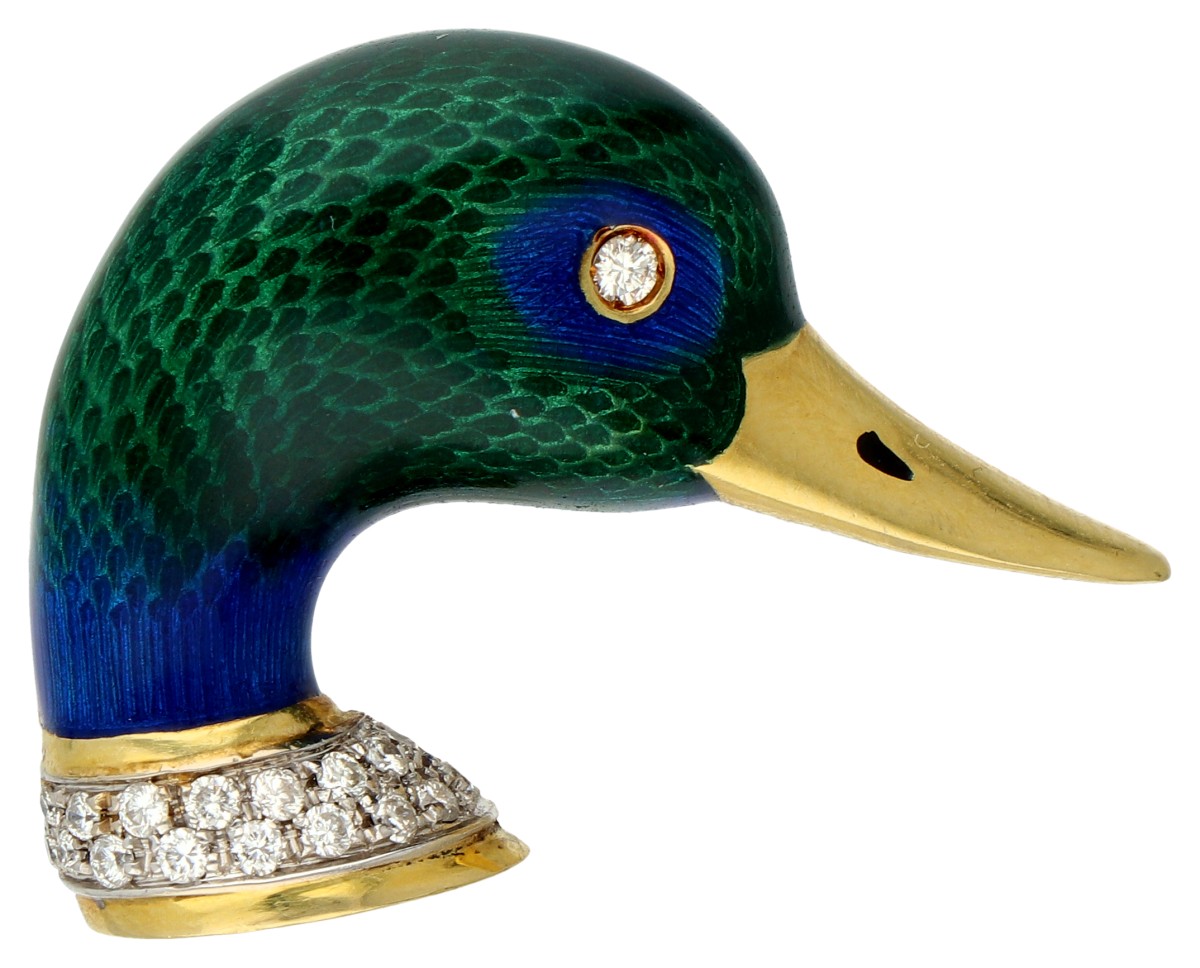 Clio 14K geelgouden groen-blauw geëmailleerde eendenkop broche bezet met diamant.