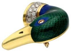Clio 14K geelgouden groen-blauw geëmailleerde eendenkop broche bezet met diamant.