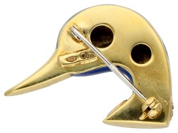 Clio 14K geelgouden groen-blauw geëmailleerde eendenkop broche bezet met diamant.