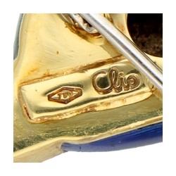 Clio 14K geelgouden groen-blauw geëmailleerde eendenkop broche bezet met diamant.