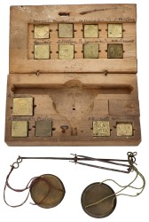 Belgium. Coin balance with weights in decorated wooden box. Early 19th century.