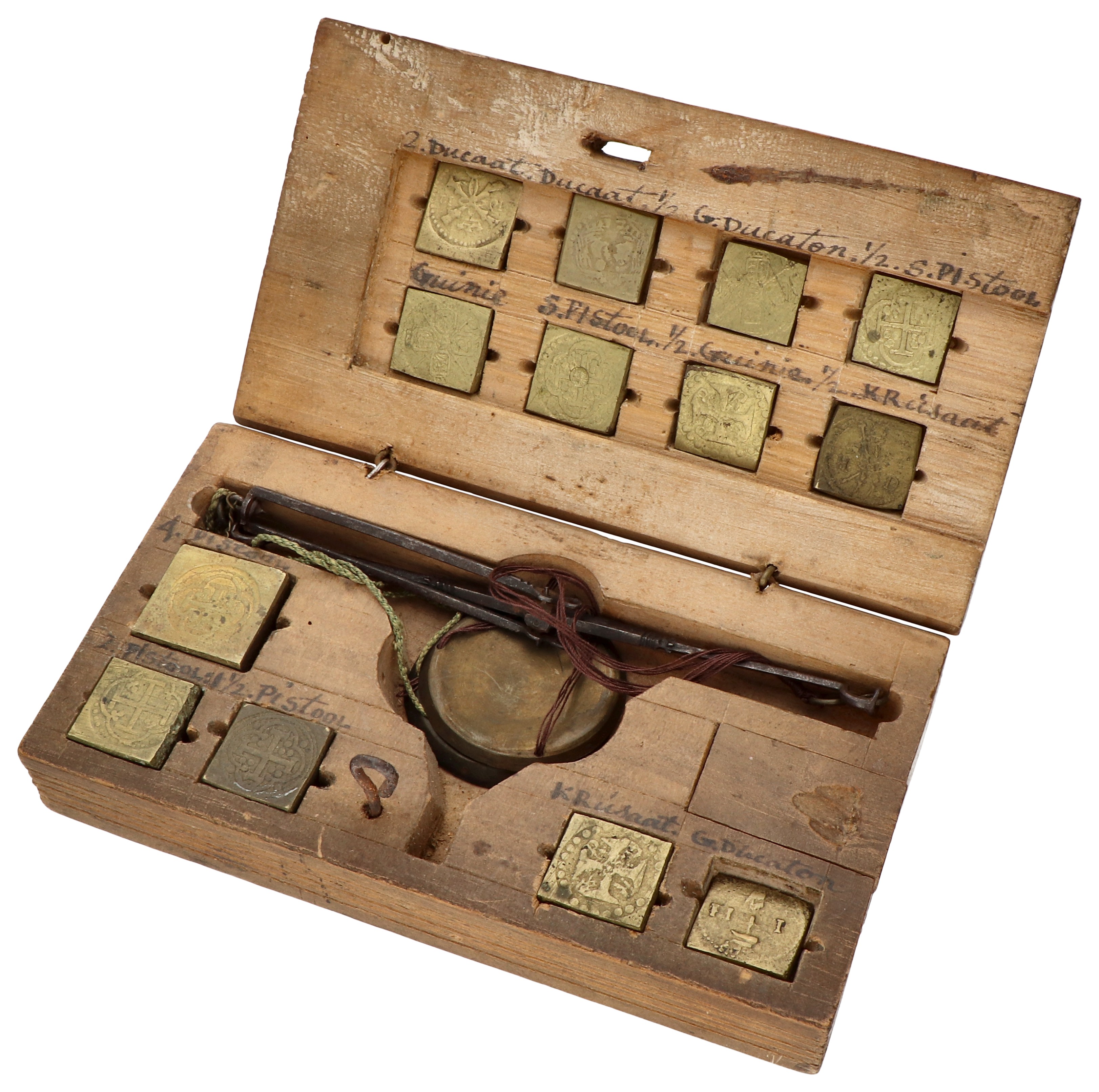 Belgium. Coin balance with weights in decorated wooden box. Early 19th century.