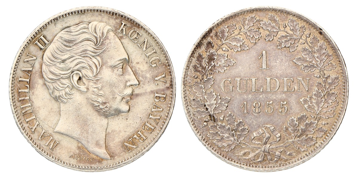 German states. Bavaria. Maximilian II. 1 Gulden. 1855. XF -