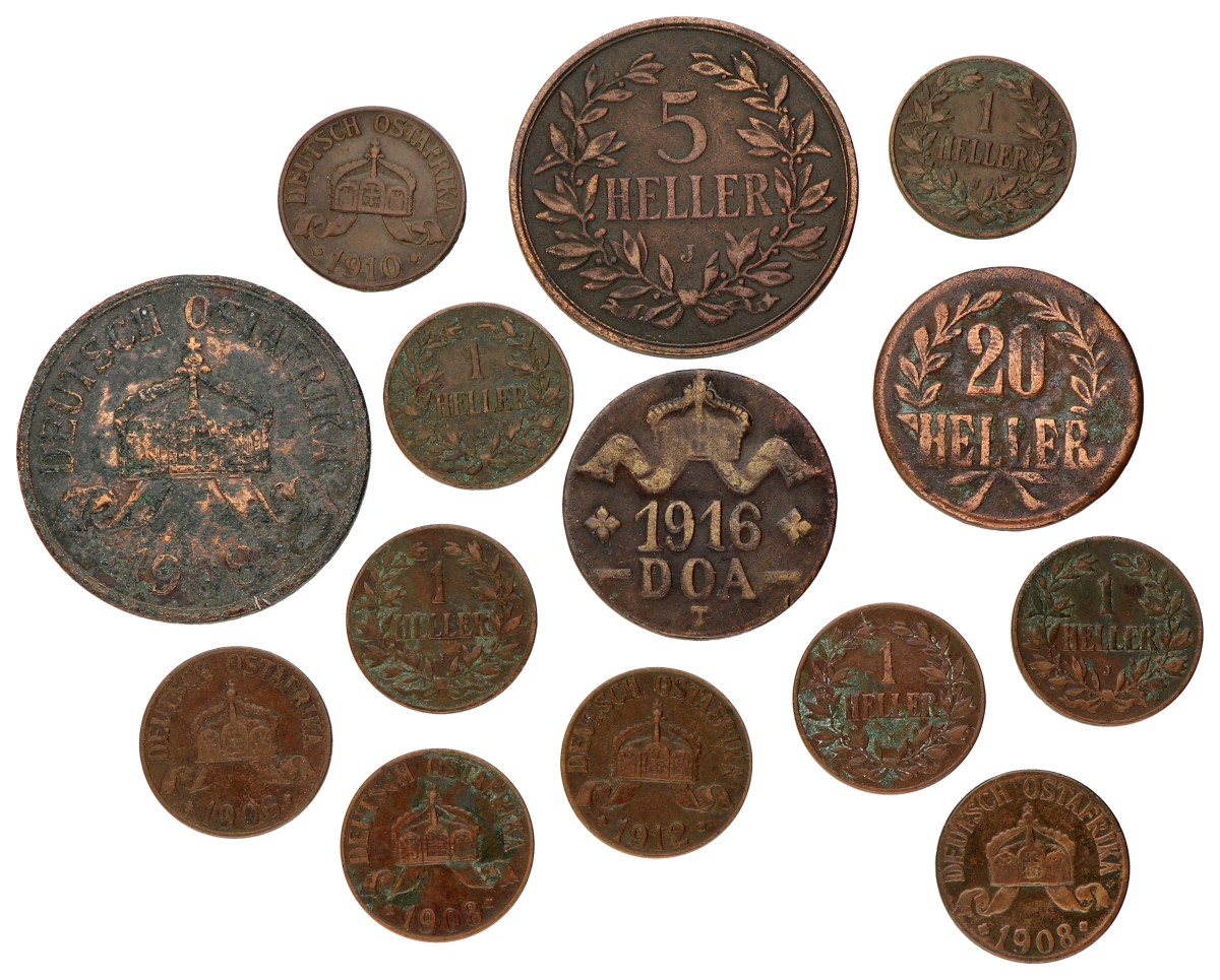 German east Africa. Lot (14) 20, 5 & 1 Heller. 1904 - 1906, 1908 - 1912 & 1916.