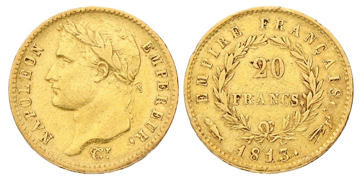20 Francs. Napoleon. 1813 Vis. Zeer Fraai.