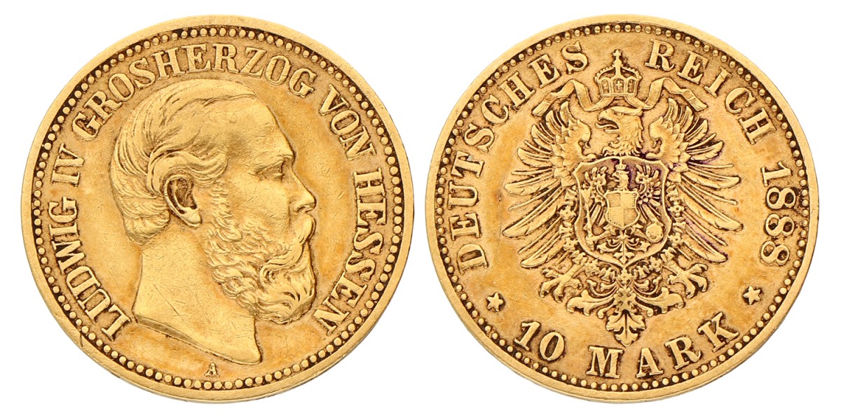 German states. Hessen. Lüdwig IV. 10 Mark. 1888 A. VF +.