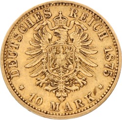 German states. Hamburg. 10 Mark. 1875 J. VF +.