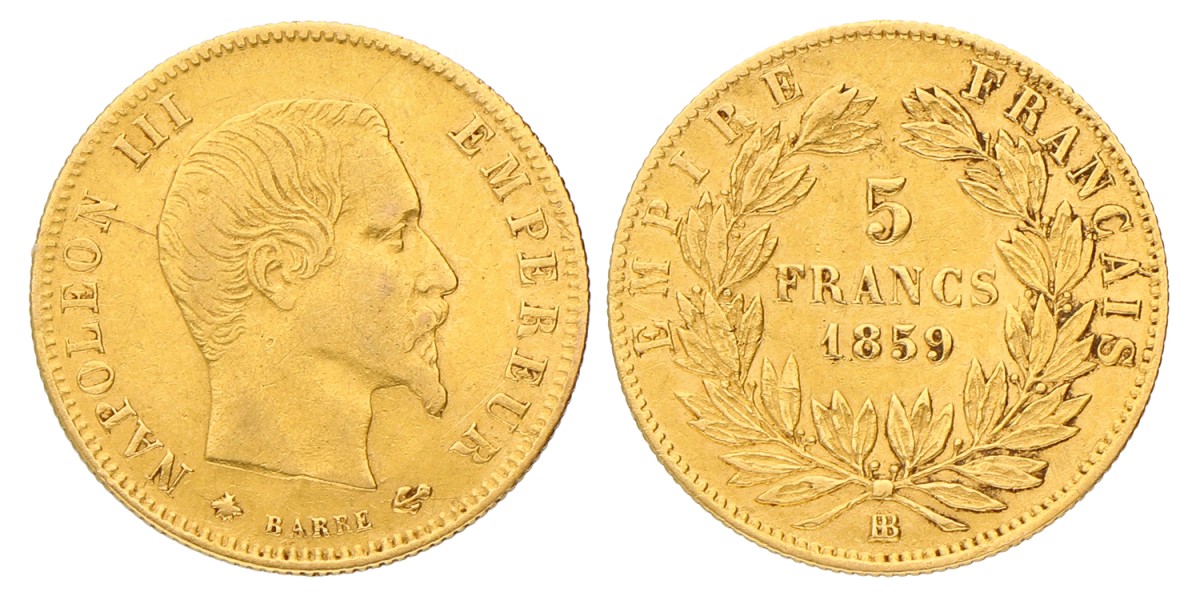 France. Napoleon III. 5 Francs. 1859 BB. VF +.