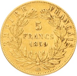 France. Napoleon III. 5 Francs. 1859 BB. VF +.