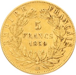 France. Napoleon III. 5 Francs. 1859 BB. VF +.