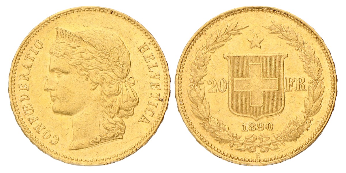 Switzerland. 20 Francs. 1890 B. AUnc.