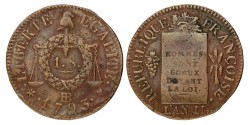 France. First republic. 1 Sol. 1793 BB. VF +.