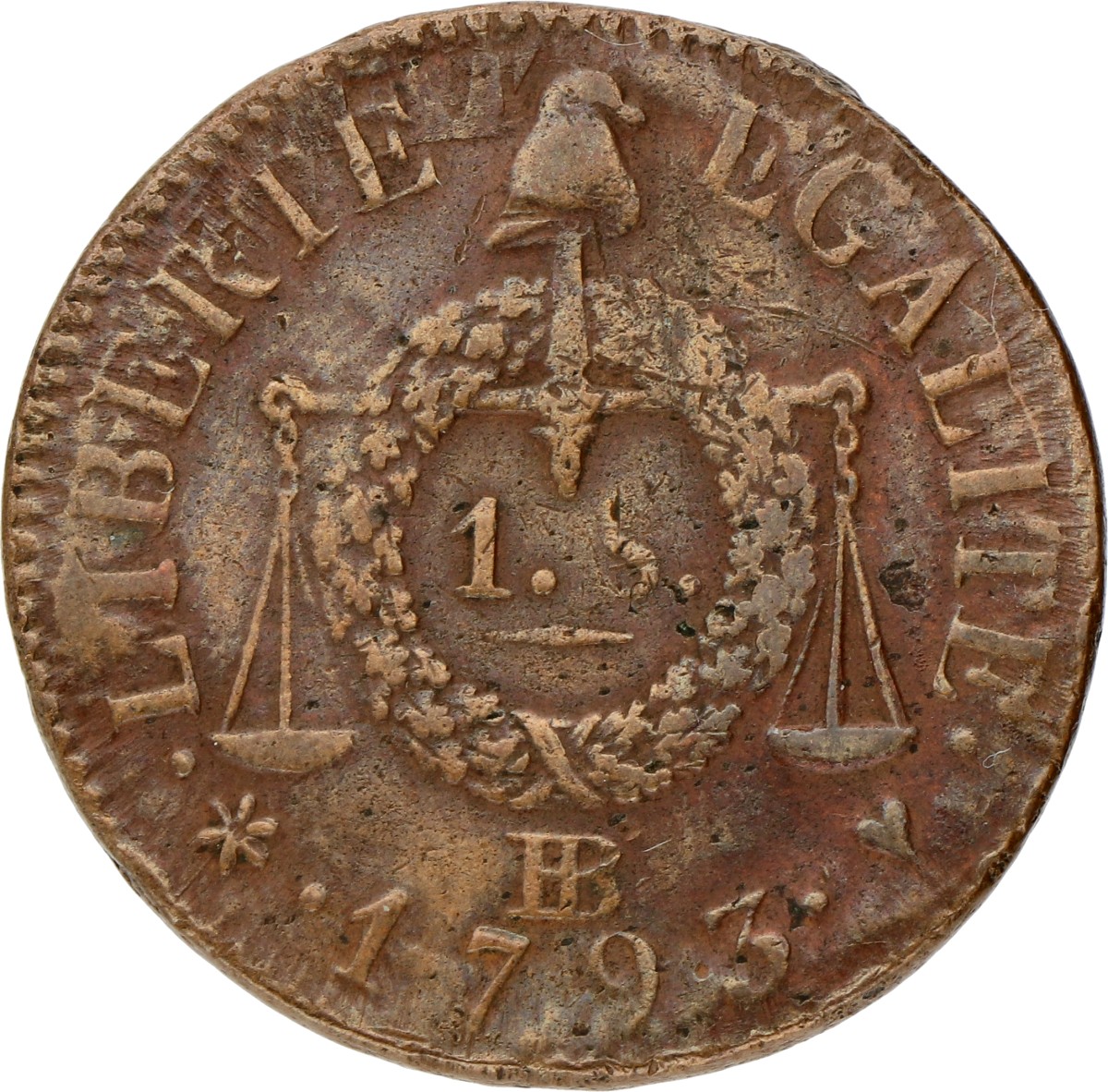 France. First republic. 1 Sol. 1793 BB. VF +.