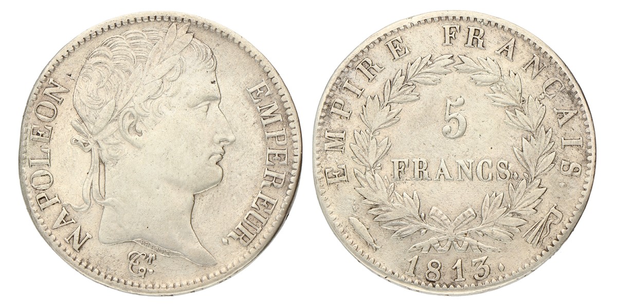 5 Francs. Napoleon. 1813 Vis. Zeer Fraai / Prachtig.