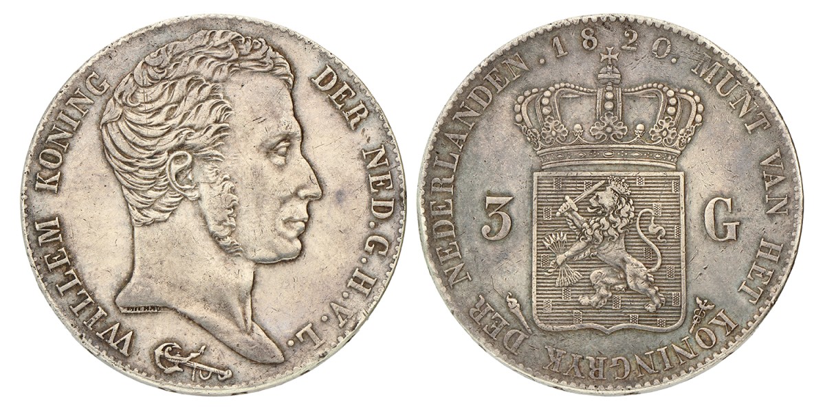 3 Gulden. Willem I. 1820 U. Prachtig -.