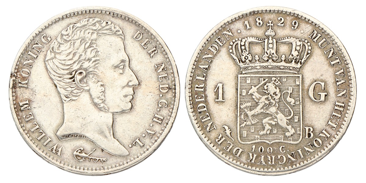 1 Gulden. Willem I. 1829 B. Zeer Fraai / Prachtig.
