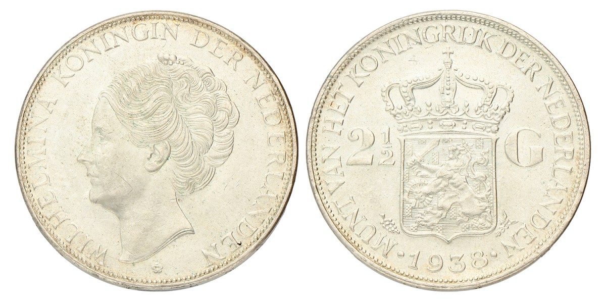 2½ Gulden. Wilhelmina. 1938 Grofhaar. Prachtig / UNC.