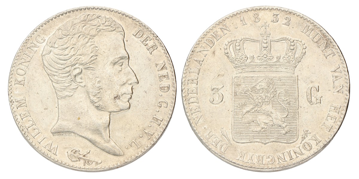 3 Gulden. Willem I. 1832/24. Prachtig +.