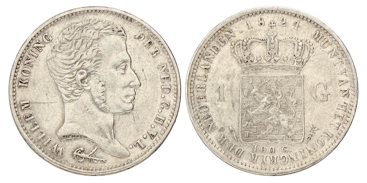 1 Gulden. Willem I. 1824 U. Zeer Fraai / Prachtig.