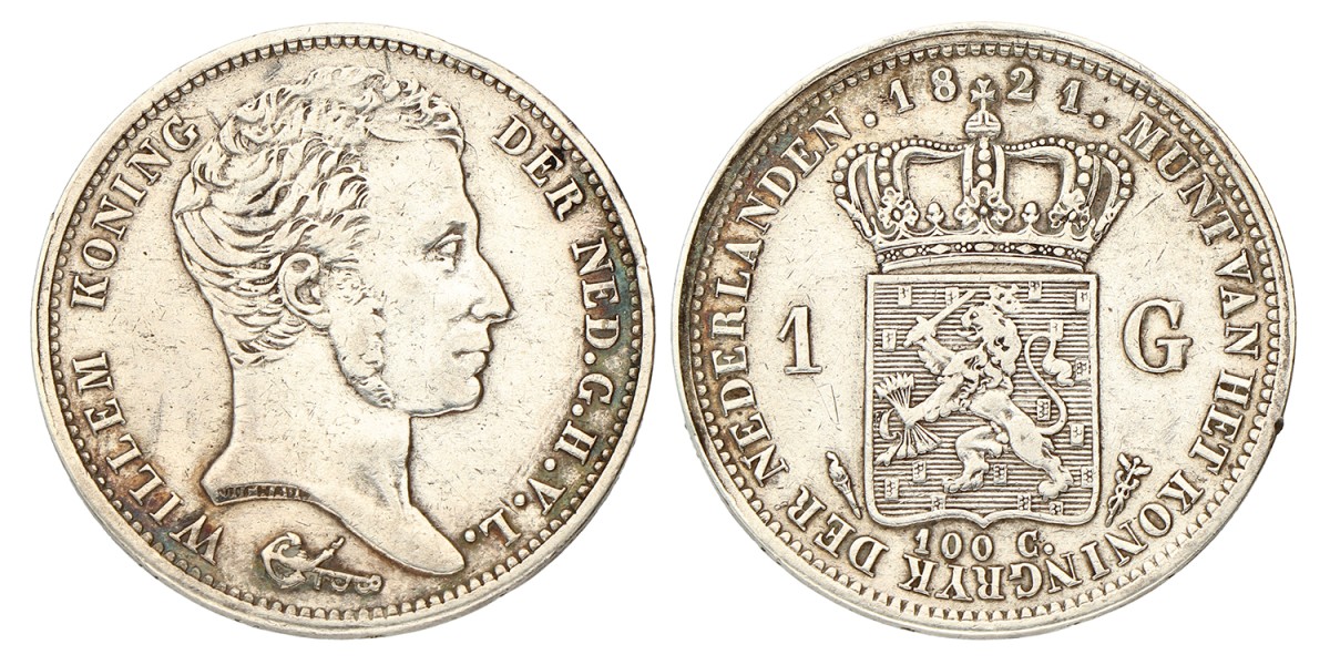 1 Gulden. Willem I. 1821 U. Zeer Fraai -.