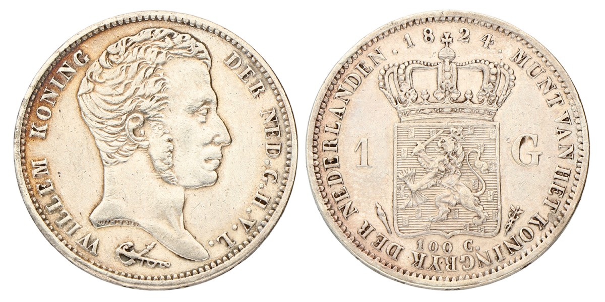 1 Gulden. Willem I. 1824 U Met streepje. Zeer Fraai / Prachtig.