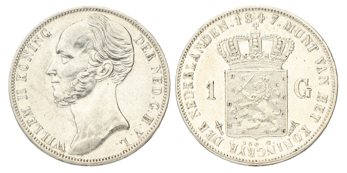 1 Gulden. Willem II. 1847. Prachtig.