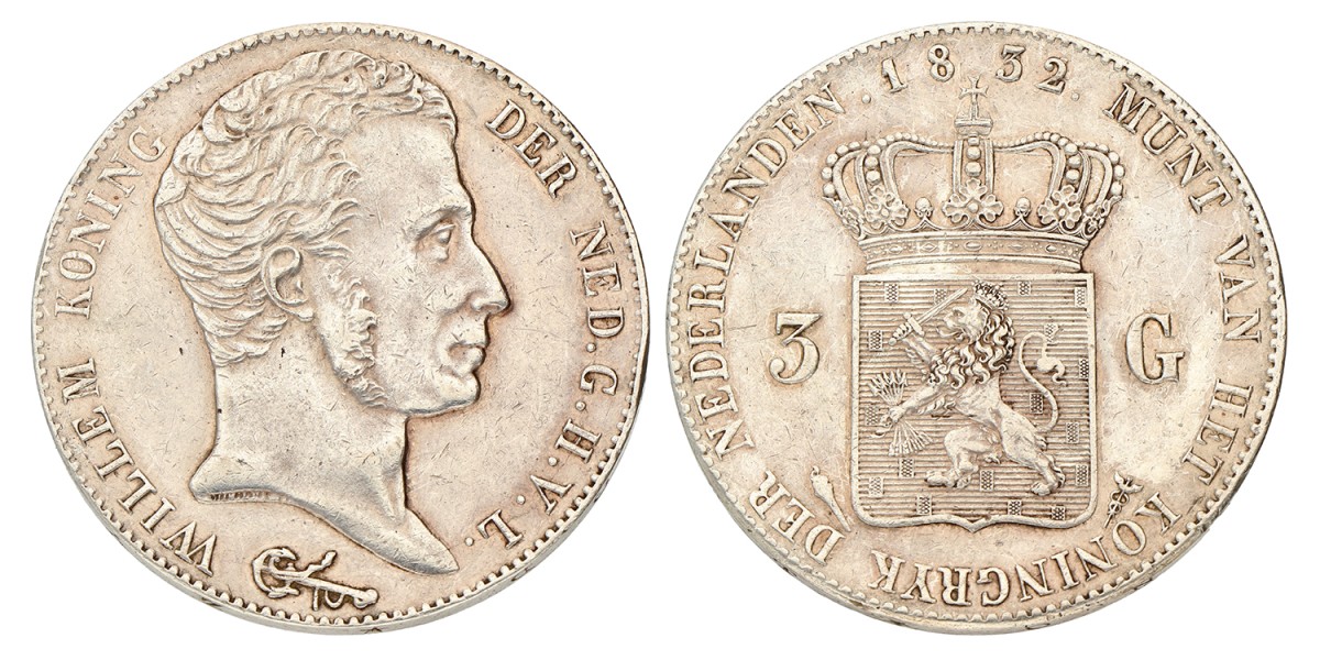 3 Gulden. Willem I. 1832/21. Zeer Fraai / Prachtig.