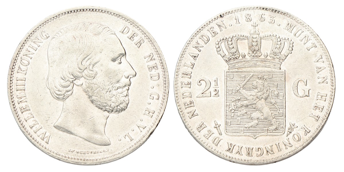 2½ Gulden. Willem III. 1863. Zeer Fraai / Prachtig.