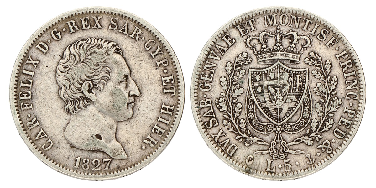 Italian states. Kingdom of Sardinia. Carlo Felice. 5 Lire. 1827 P. VF +.