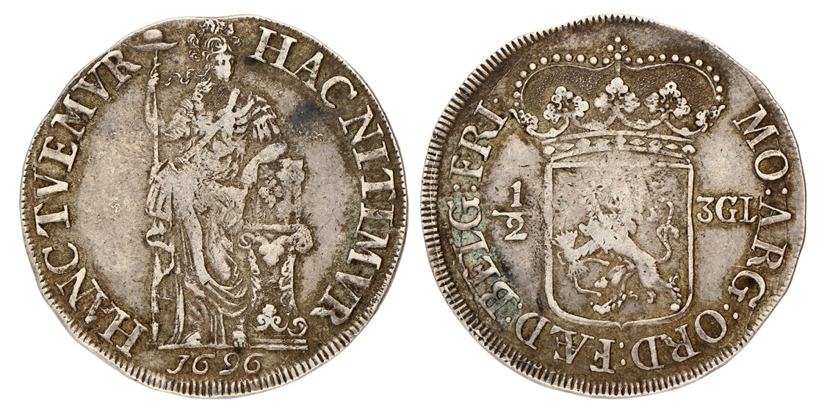 Halve 3 gulden. Friesland. 1696. Zeer Fraai.