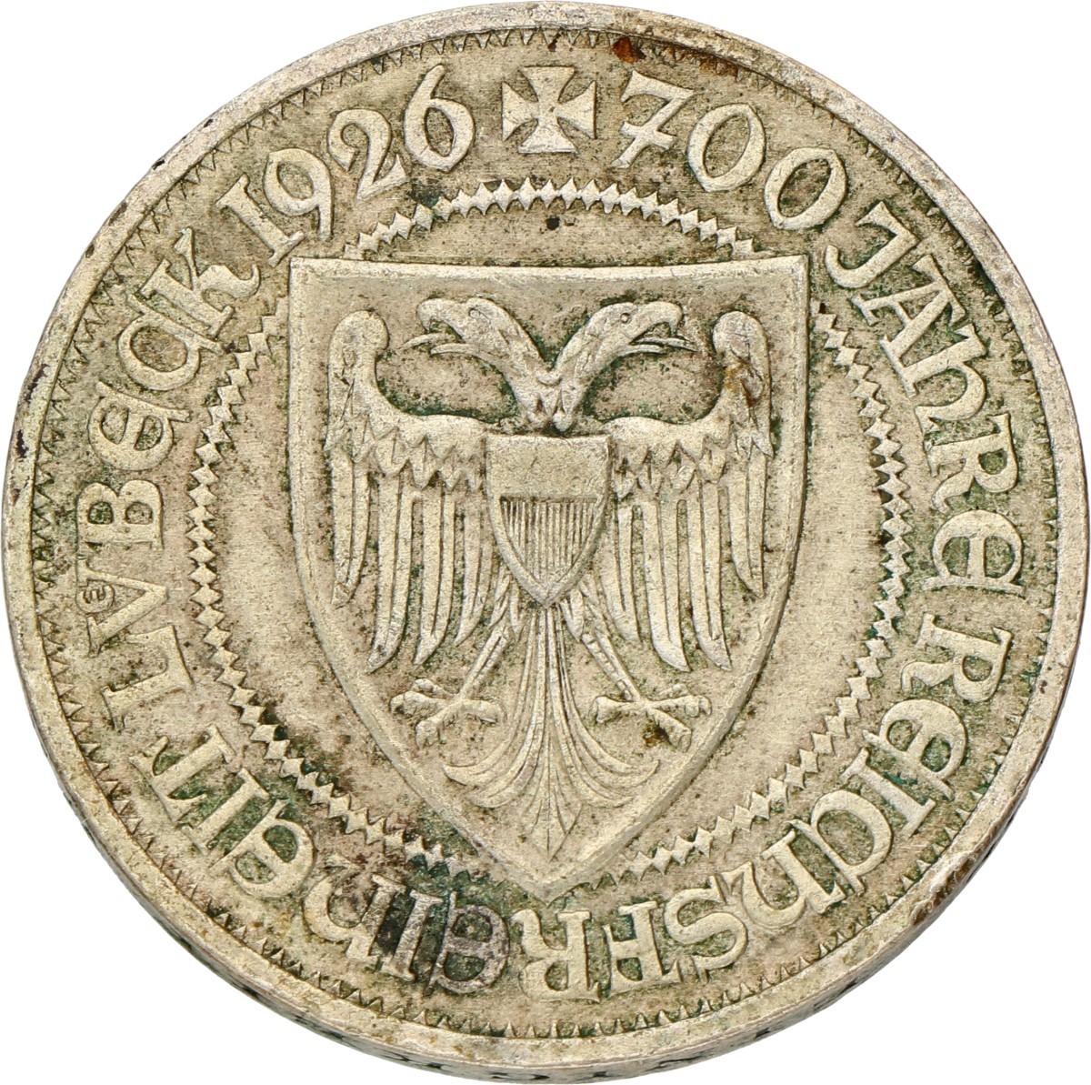 Germany. Weimar republic. 3 Mark - 700th anniversary Reichsfreiheit Lübeck. 1926 A. VF +.