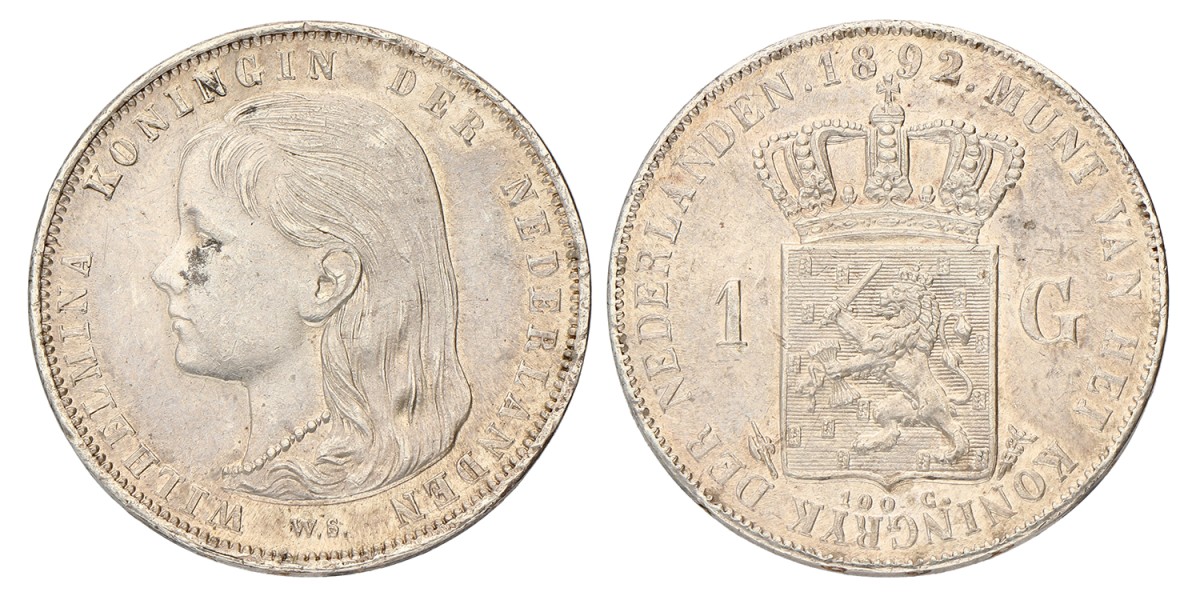 1 Gulden. Wilhelmina. 1892. Prachtig +.