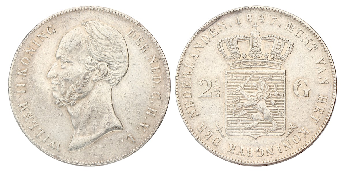 2½ Gulden. Willem II. 1847. Prachtig +.