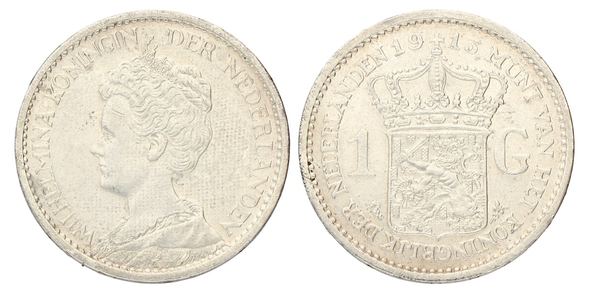 1 Gulden. Wilhelmina. 1913. Prachtig.