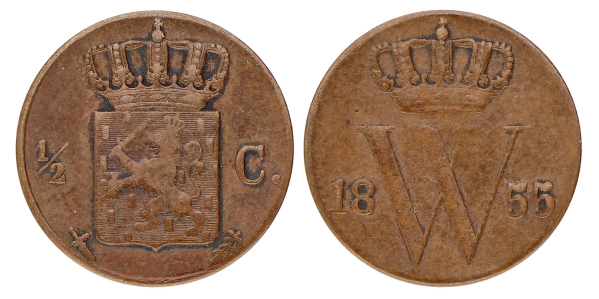 ½ Cent. Willem III. 1855. Zeer Fraai.