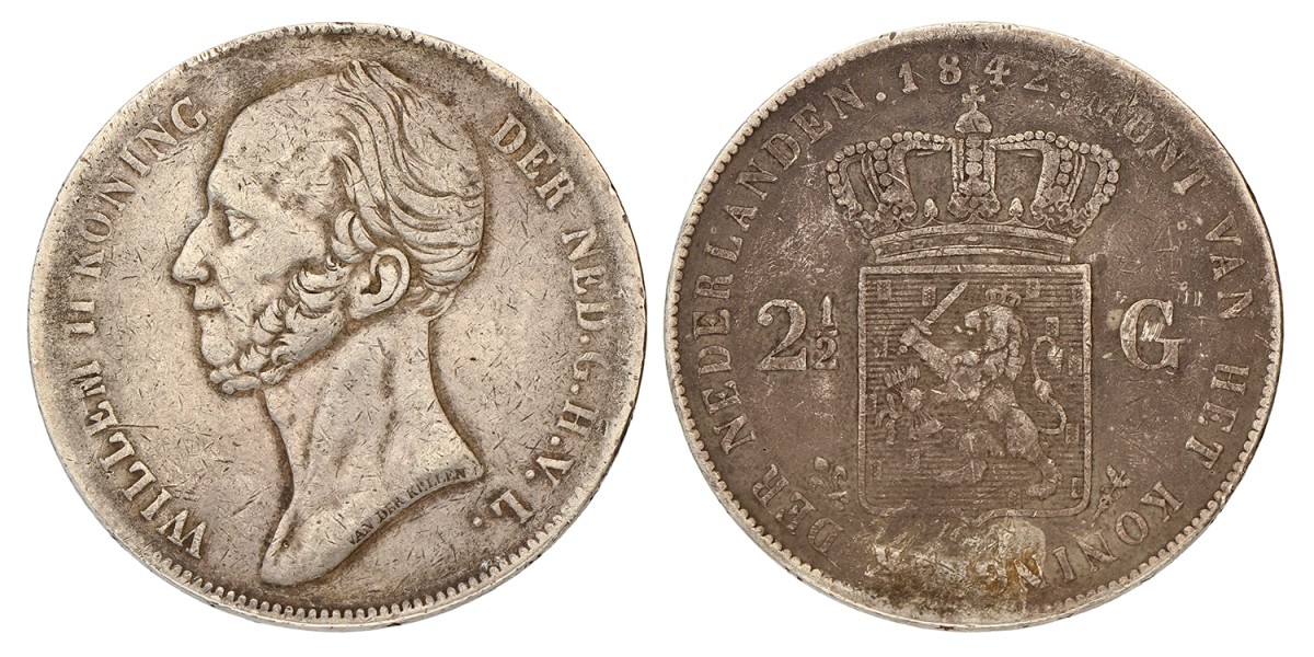 2½ Gulden. Willem II. 1842. Zeer Fraai +.