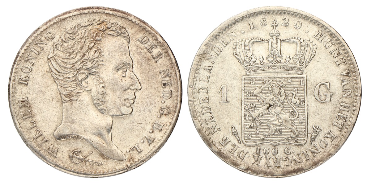 1 Gulden. Willem I. 1820 U. Zeer Fraai +.