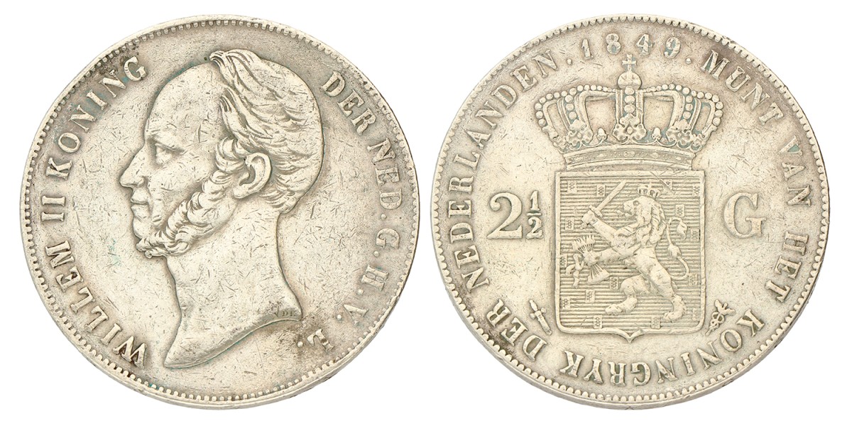 2½ Gulden. Willem II. 1849. Zeer Fraai +.