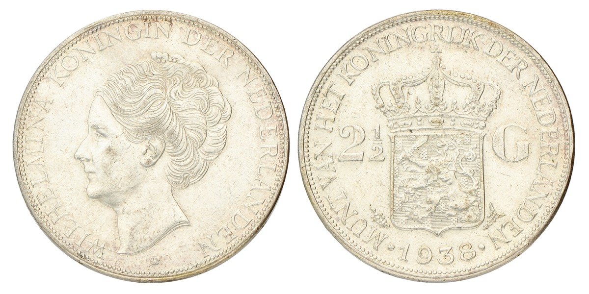 2½ Gulden. Wilhelmina. 1938 Grof Haar. Prachtig.