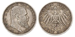 German States. Württemberg. Wilhelm II. 5 Mark. 1892. VF +.