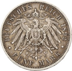 German States. Württemberg. Wilhelm II. 5 Mark. 1892. VF +.